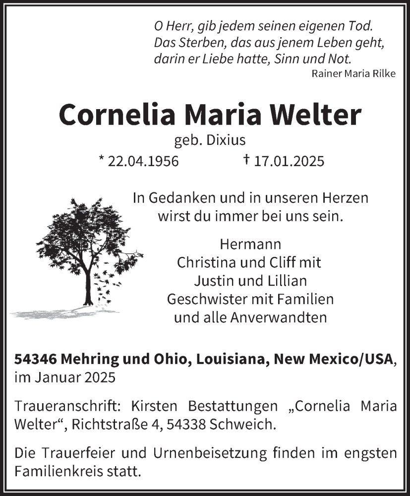  Traueranzeige für Cornelia Maria Welter vom 25.01.2025 aus trierischer_volksfreund