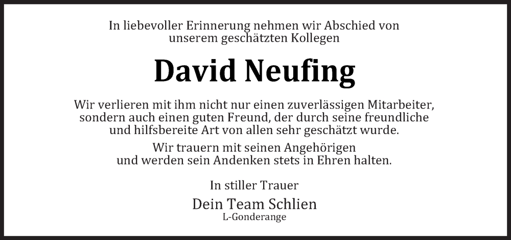  Traueranzeige für David Neufing vom 18.01.2025 aus trierischer_volksfreund