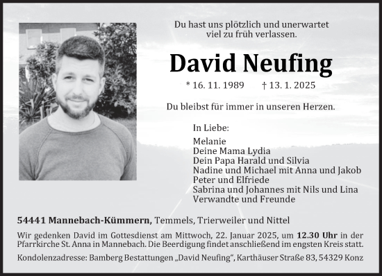 Traueranzeige von David Neufing von trierischer_volksfreund