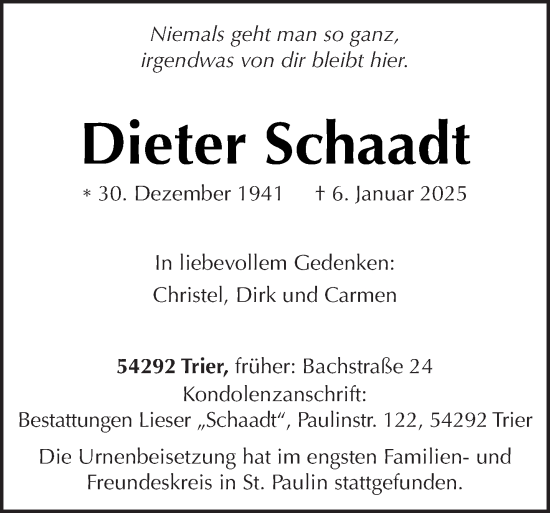 Traueranzeige von Dieter Schaadt von trierischer_volksfreund