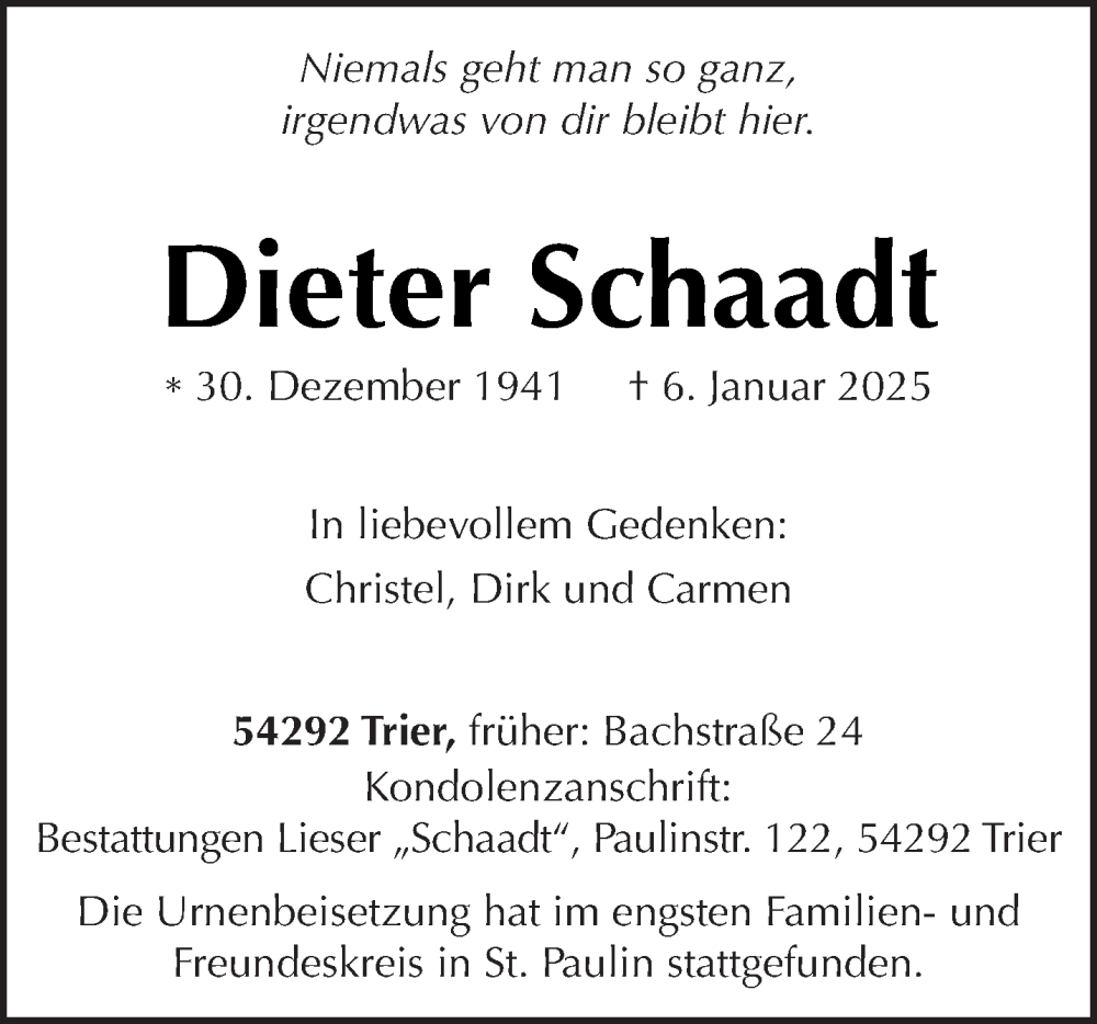  Traueranzeige für Dieter Schaadt vom 22.01.2025 aus trierischer_volksfreund