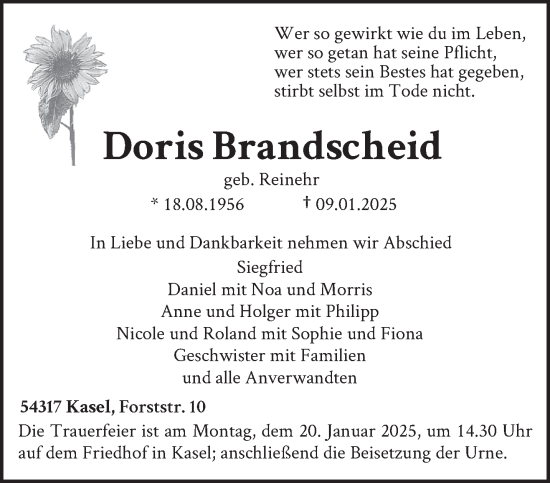 Traueranzeige von Doris Brandscheid von trierischer_volksfreund