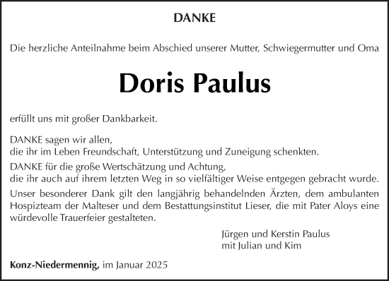 Traueranzeige von Doris Paulus von trierischer_volksfreund
