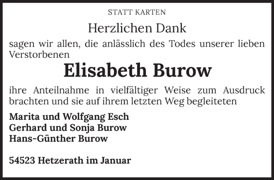 Traueranzeige von Elisabeth Burow von trierischer_volksfreund