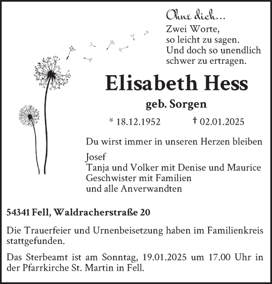 Traueranzeige von Elisabeth Hess von trierischer_volksfreund