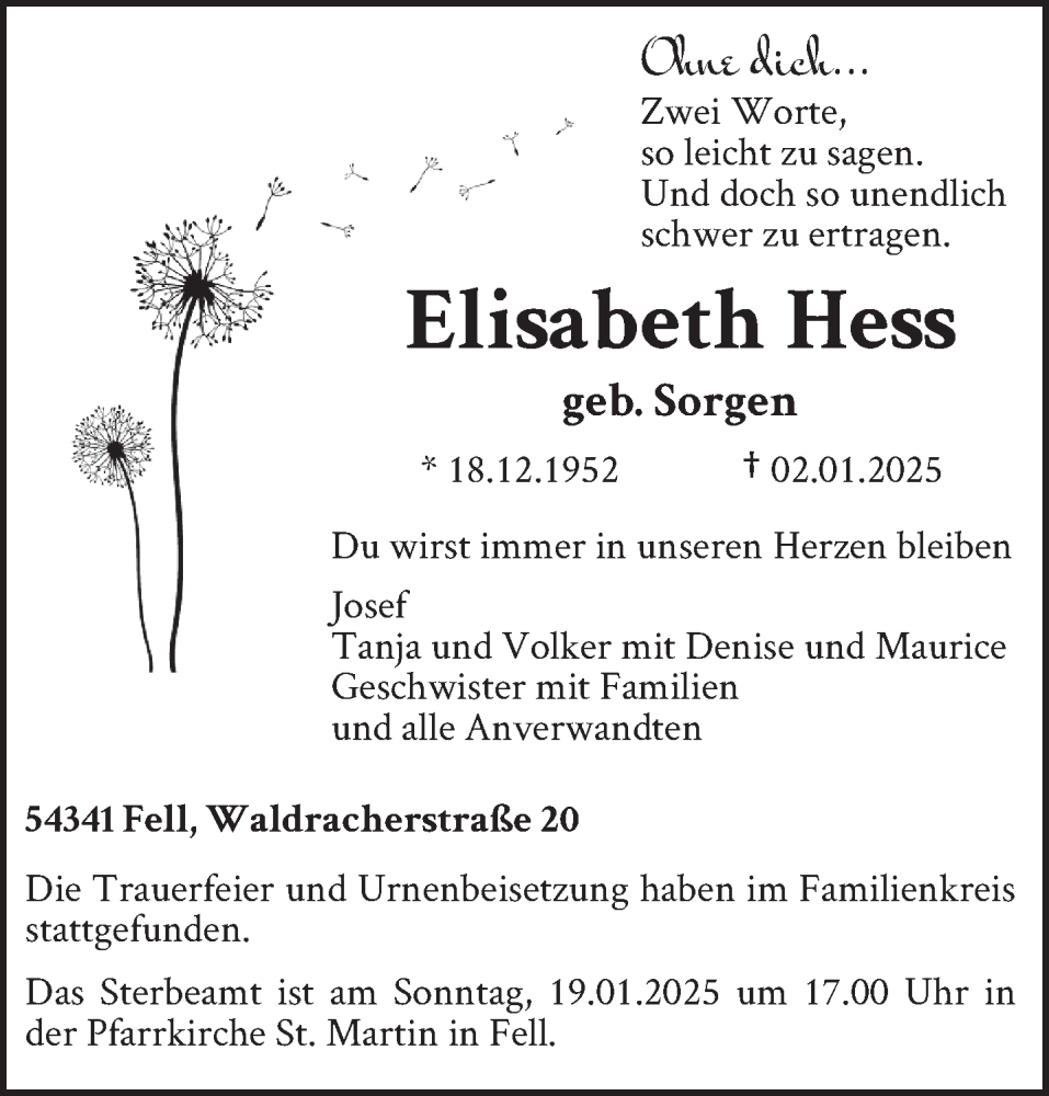  Traueranzeige für Elisabeth Hess vom 15.01.2025 aus trierischer_volksfreund