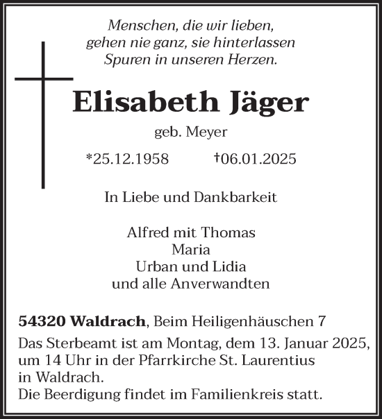 Traueranzeige von Elisabeth Jäger von trierischer_volksfreund