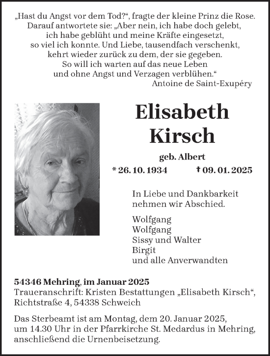 Traueranzeige von Elisabeth Kirsch von trierischer_volksfreund