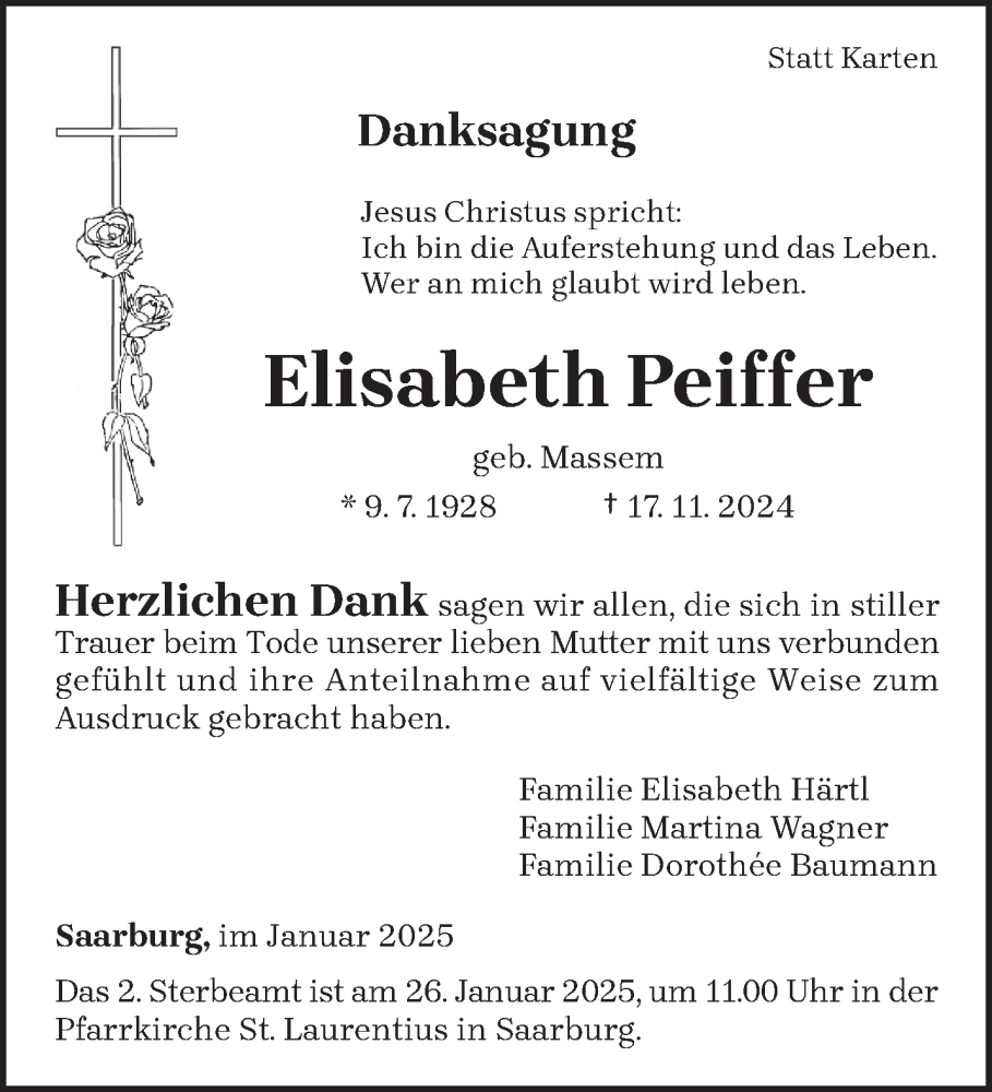  Traueranzeige für Elisabeth Peiffer vom 22.01.2025 aus trierischer_volksfreund