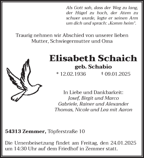 Traueranzeige von Elisabeth Schaich von trierischer_volksfreund