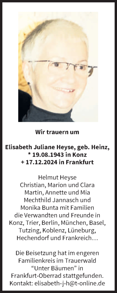 Traueranzeige von Elisabeth Juliane Heyse von trierischer_volksfreund