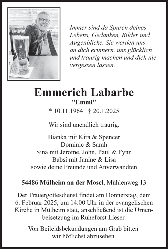 Traueranzeige von Emmerich Labarbe von trierischer_volksfreund