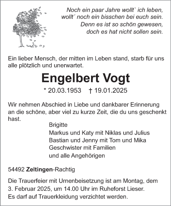 Traueranzeige von Engelbert Vogt von trierischer_volksfreund