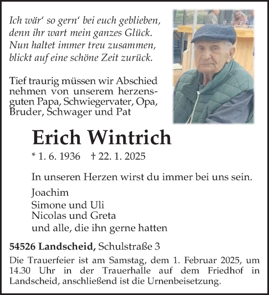 Traueranzeige von Erich Wintrich von trierischer_volksfreund