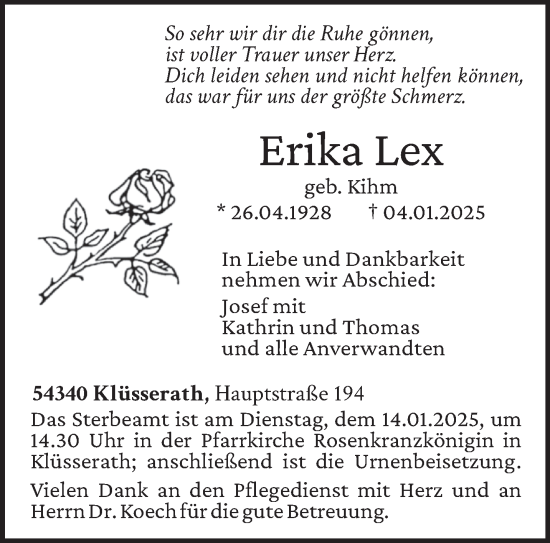 Traueranzeige von Erika Lex von trierischer_volksfreund