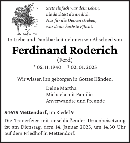 Traueranzeige von Ferdinand Roderich von trierischer_volksfreund