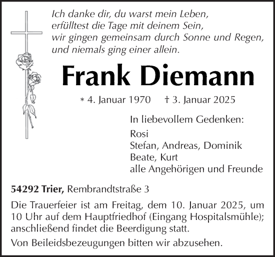 Traueranzeige von Frank Diemann von trierischer_volksfreund