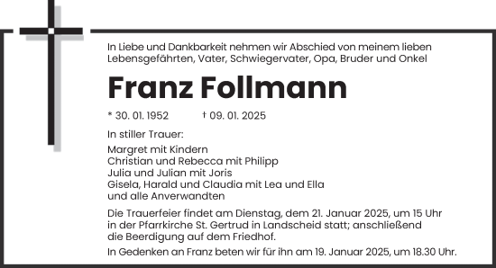 Traueranzeige von Franz Follmann von trierischer_volksfreund