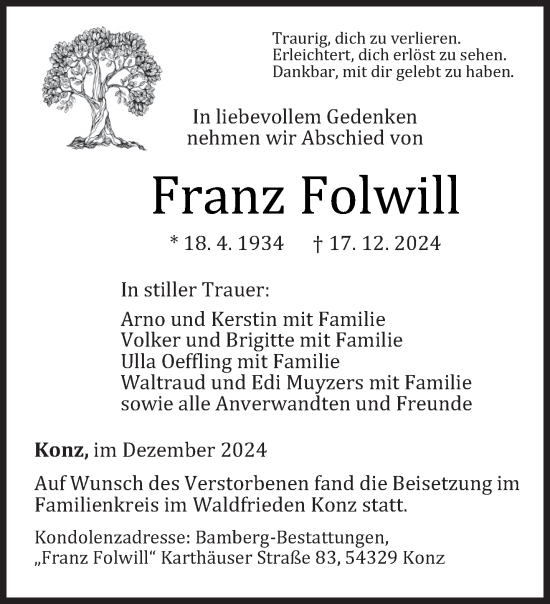 Traueranzeige von Franz Folwill von trierischer_volksfreund