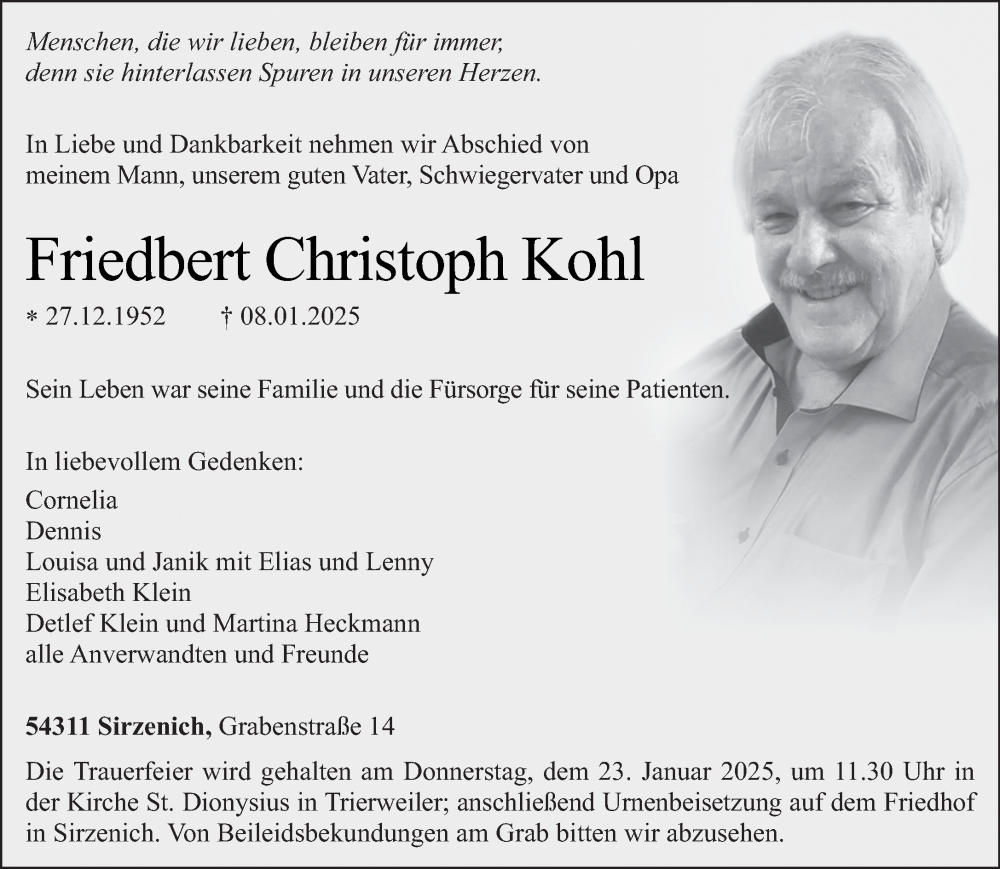  Traueranzeige für Friedbert Christoph Kohl vom 18.01.2025 aus trierischer_volksfreund