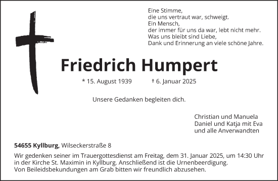 Traueranzeige von Friedrich Humpert von trierischer_volksfreund