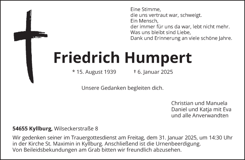  Traueranzeige für Friedrich Humpert vom 11.01.2025 aus trierischer_volksfreund
