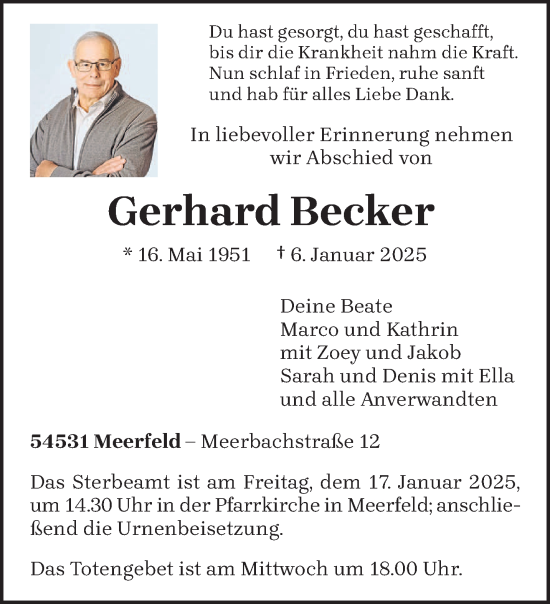 Traueranzeige von Gerhard Becker von trierischer_volksfreund