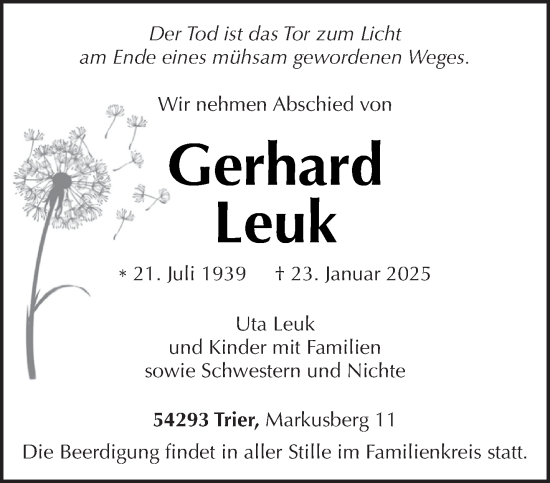 Traueranzeige von Gerhard Leuk von trierischer_volksfreund