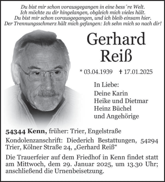 Traueranzeige von Gerhard Reiß von trierischer_volksfreund