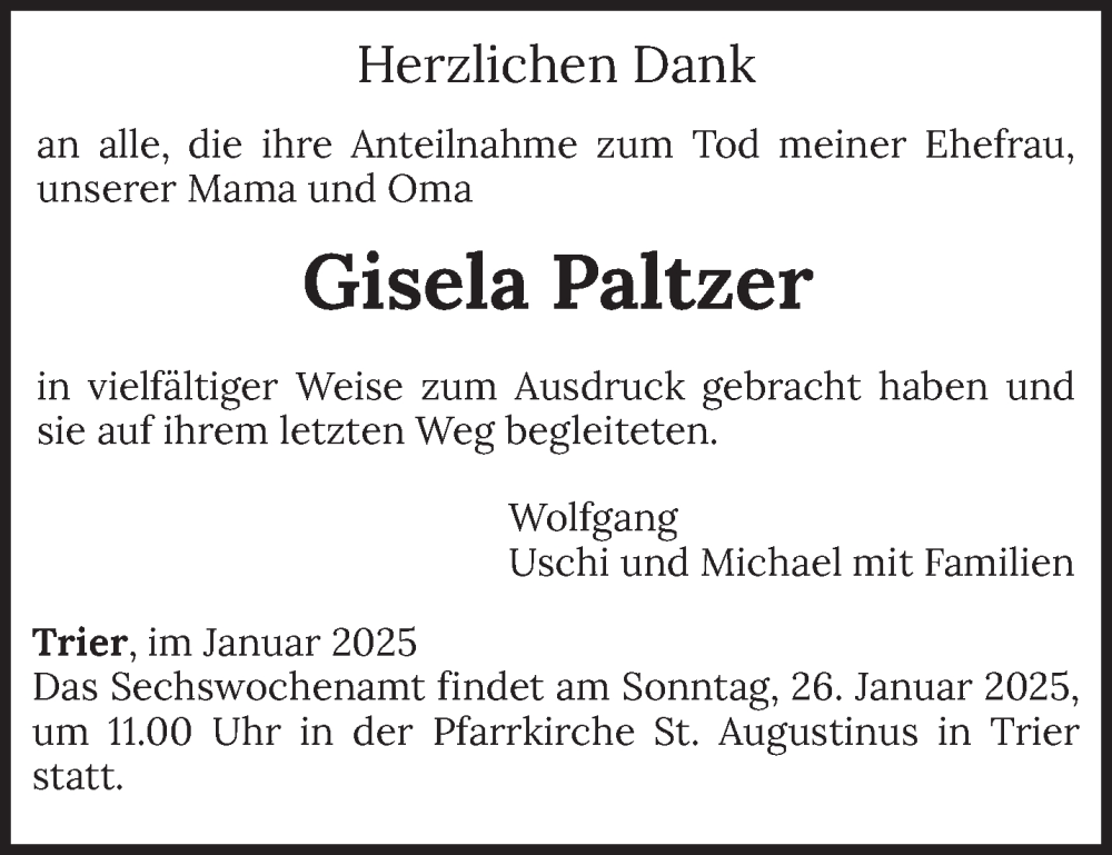  Traueranzeige für Gisela Paltzer vom 18.01.2025 aus trierischer_volksfreund