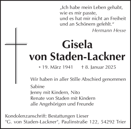 Traueranzeige von Gisela von Staden-Lackner von trierischer_volksfreund