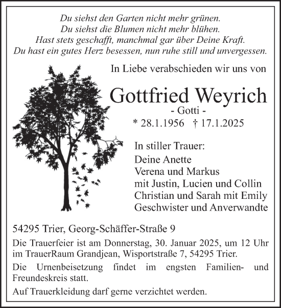 Traueranzeige von Gottfried Weyrich von trierischer_volksfreund