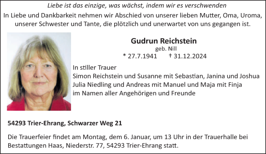 Traueranzeige von Gudrun Reichstein von trierischer_volksfreund