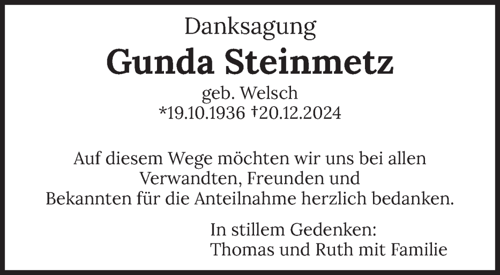  Traueranzeige für Gunda Steinmetz vom 04.01.2025 aus trierischer_volksfreund