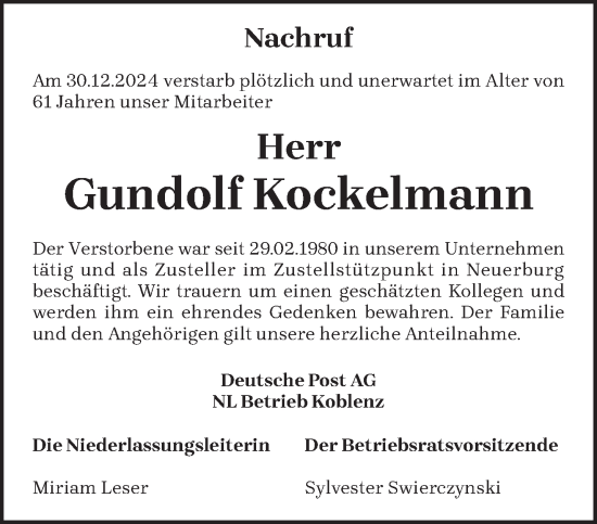 Traueranzeige von Gundolf Kockelmann von trierischer_volksfreund