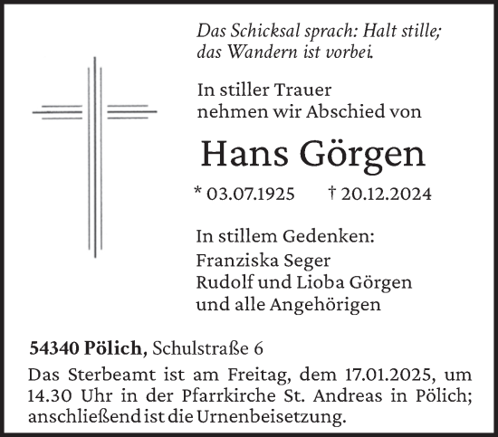 Traueranzeige von Hans Görgen von trierischer_volksfreund