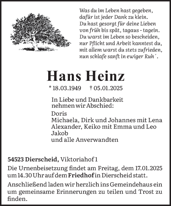 Traueranzeige von Hans Heinz von trierischer_volksfreund