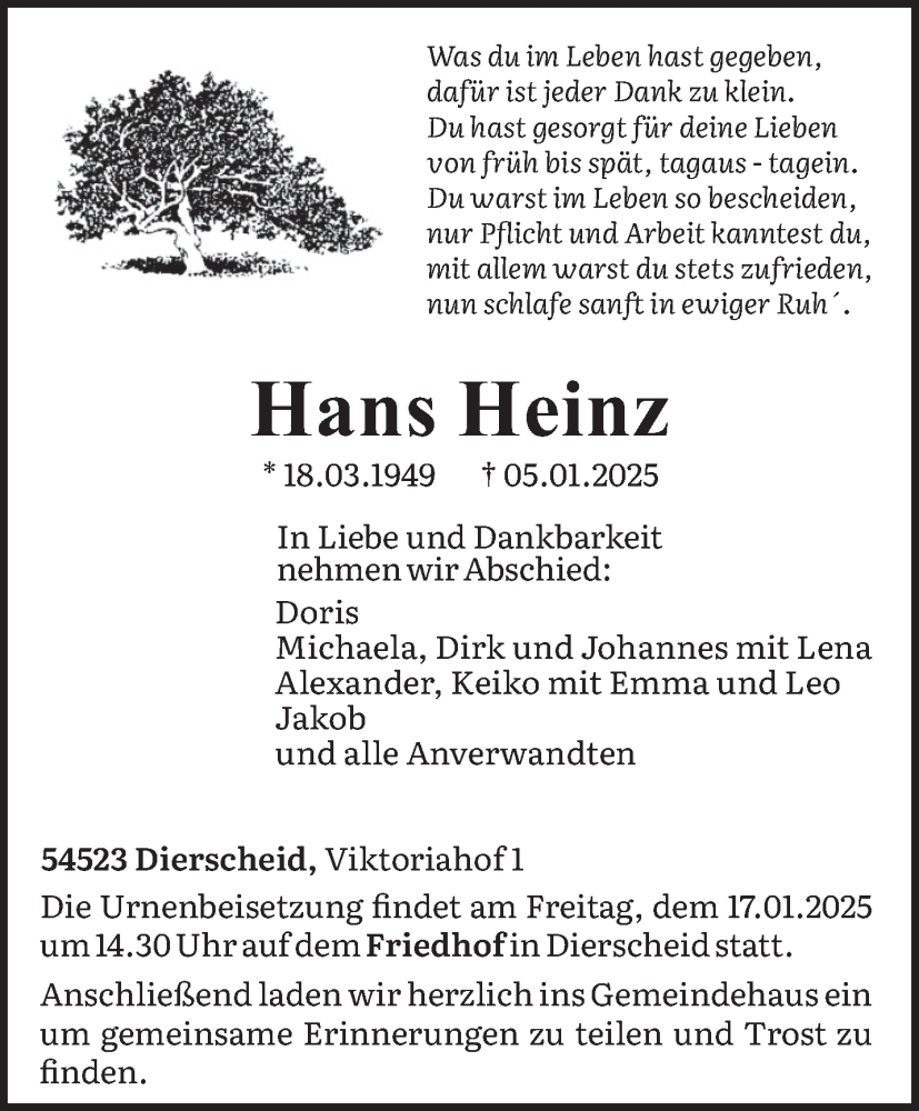  Traueranzeige für Hans Heinz vom 11.01.2025 aus trierischer_volksfreund