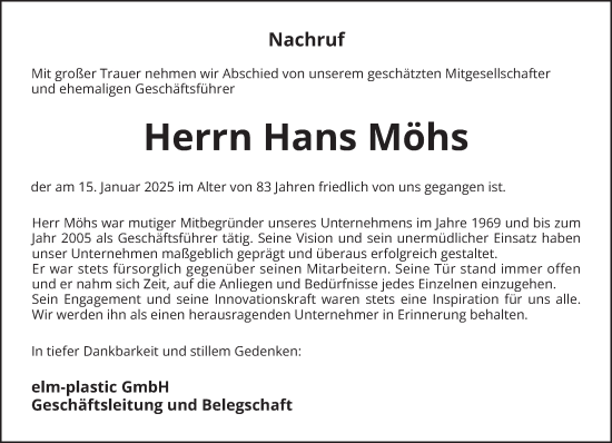 Traueranzeige von Hans Möhs von trierischer_volksfreund