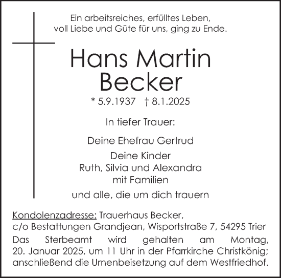 Traueranzeige von Hans Martin Becker von trierischer_volksfreund