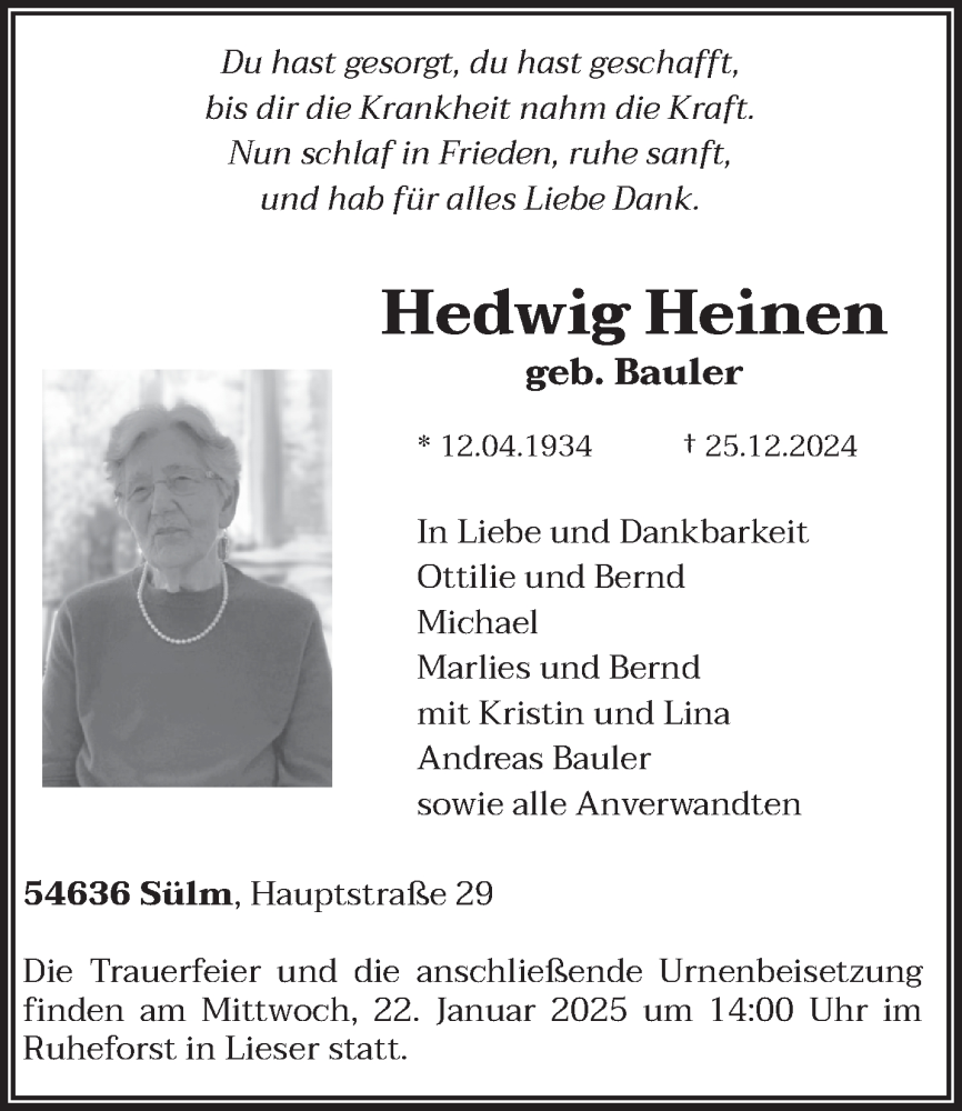  Traueranzeige für Hedwig Heinen vom 04.01.2025 aus trierischer_volksfreund
