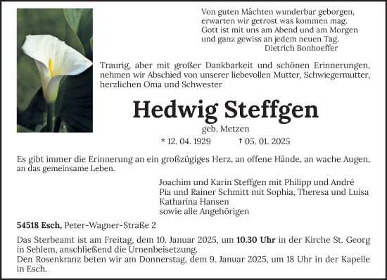 Traueranzeige von Hedwig Steffgen von trierischer_volksfreund