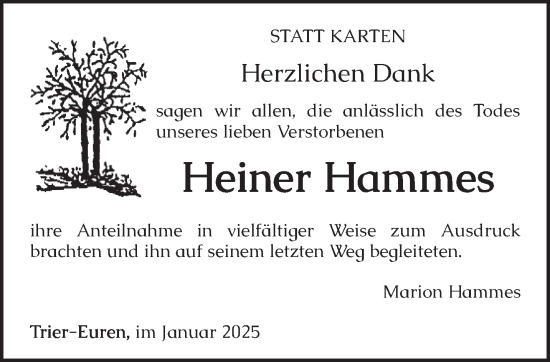 Traueranzeige von Heiner Hammes von trierischer_volksfreund