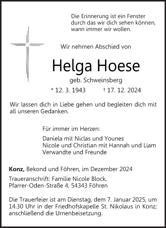 Traueranzeige von Helga Hoese von trierischer_volksfreund