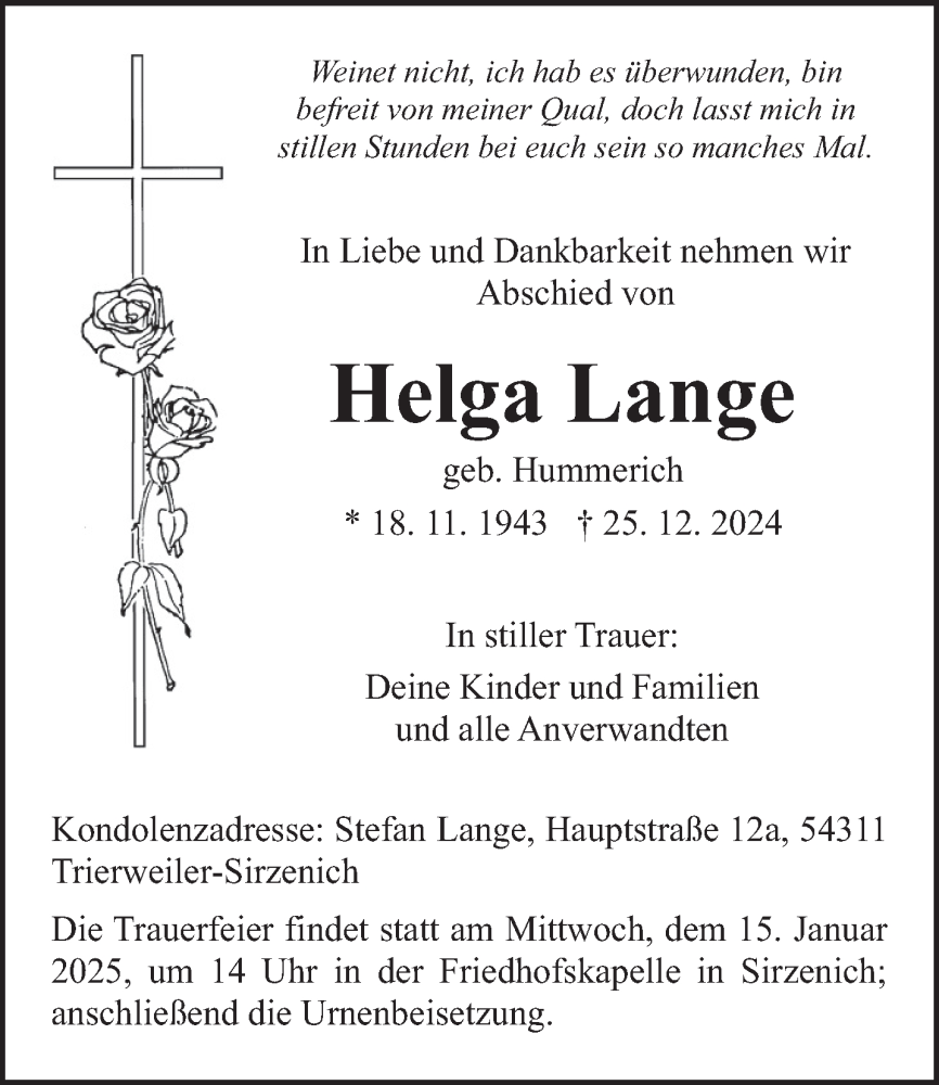  Traueranzeige für Helga Lange vom 11.01.2025 aus trierischer_volksfreund