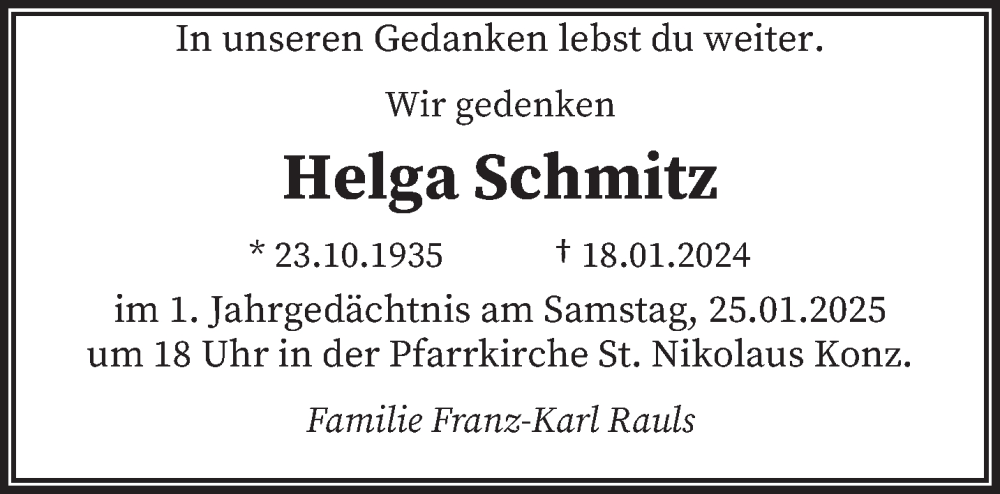  Traueranzeige für Helga Schmitz vom 20.01.2025 aus trierischer_volksfreund