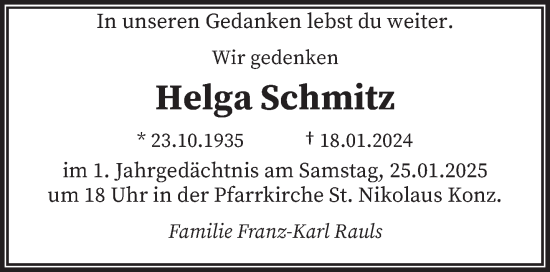 Traueranzeige von Helga Schmitz von trierischer_volksfreund