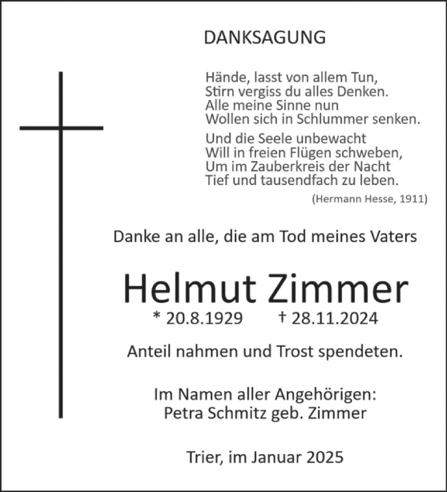  Traueranzeige für Helmut Zimmer vom 18.01.2025 aus trierischer_volksfreund
