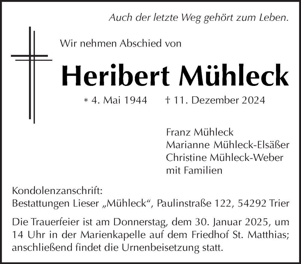  Traueranzeige für Heribert Mühleck vom 25.01.2025 aus trierischer_volksfreund