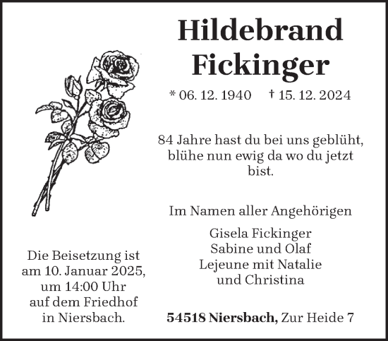 Traueranzeige von Hildebrand Fickinger von trierischer_volksfreund